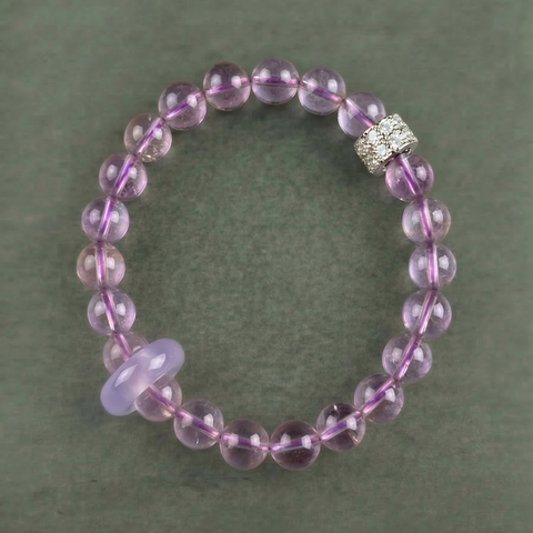 AETHER Key: AWARENESS lavender amethyst bracelet with icy chalcedony running ring, soft violet translucent beads, oriental minimalist aesthetic.